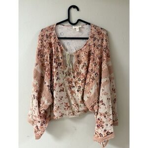 Liberty Garden Boho Floral Top T-Shirt Gray, 3/4 Sleeve, Cottage Roses Pattern M